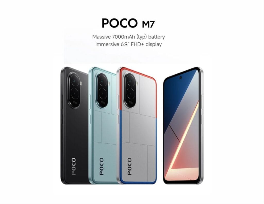 Poco M7 4G | 144Hz Refresh Rate, Snapdragon 685, and Massive 7,000mAh Battery 1 Three POCO M7 4G phones (black, blue, white) next to a front view showing the display.