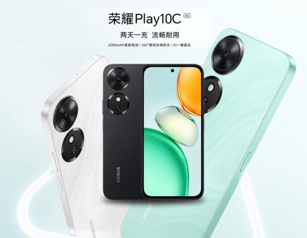 Honor Play 10c | 6.61" LCD Display, Dimensity 6300, and 6,000mAh Battery 1 Close-up of three Honor Play 10c smartphones showcasing the camera module and color variations.
