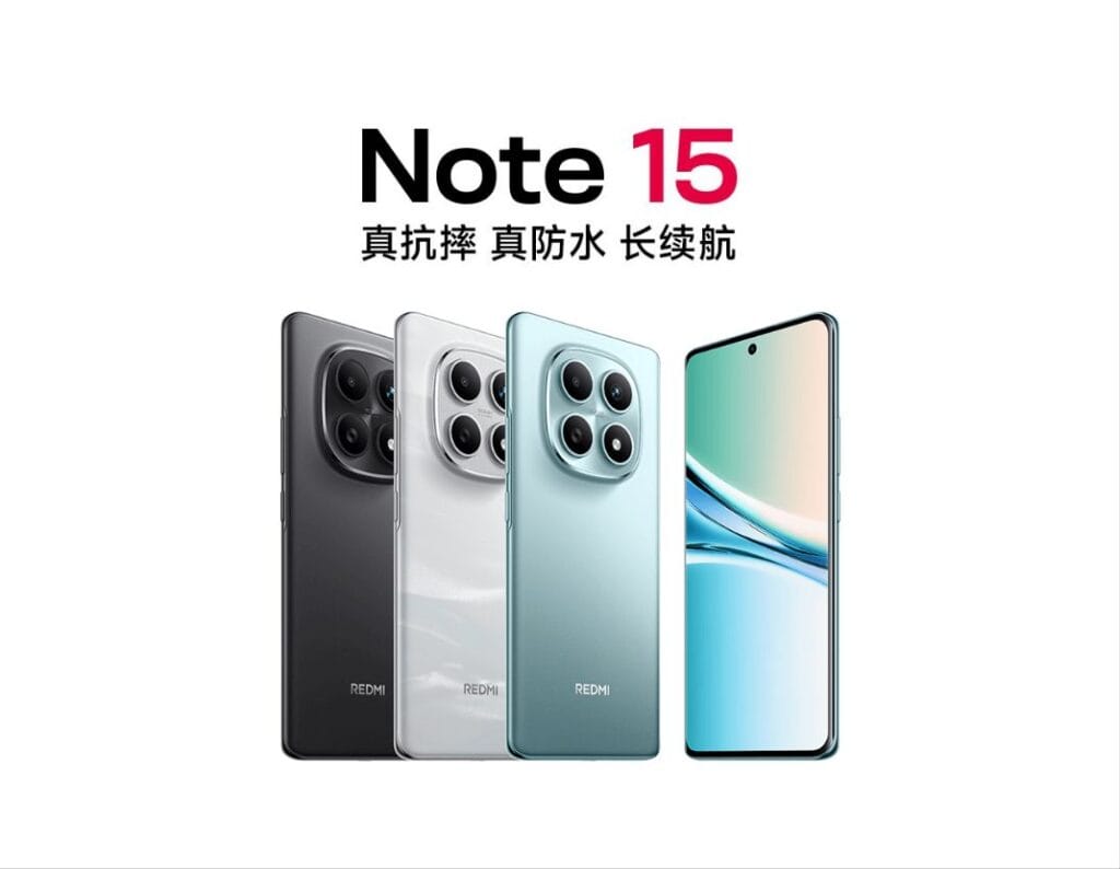Redmi Note 15 5G | Curved OLED Display, Snapdragon 6 Gen 3, and 5,800mAh Battery 1 Image of the Redmi Note 15 5G in three colors (black, white, blue) showcasing the phone's design.