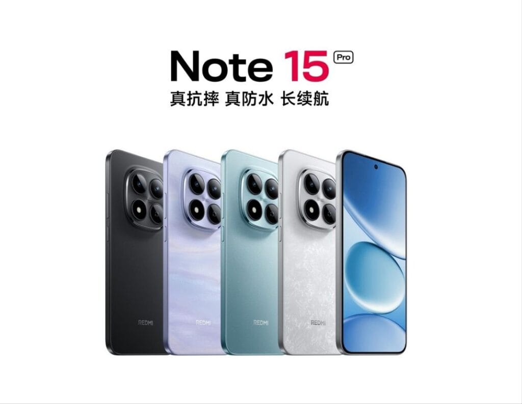 Redmi Note 15 Pro | Dimensity 7400 Ultra, and Massive 7,000mAh Battery 1 Image of the Redmi Note 15 Pro showcasing its design and available colors: black, lavender, light blue, and white.