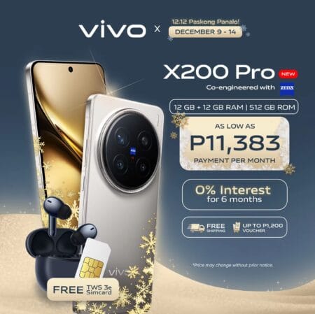 A promotional advertisement for the Vivo X200 Pro 5G smartphone, showcasing the phone's design and highlighting special offers during the 12.12 Paskong Panalo sale (December 9-14). The main image shows the silver Vivo X200 Pro 5G phone, along with free TWS 3e earbuds and a SIM card. The text emphasizes a 0% interest payment plan over six months, with a low monthly payment of P11,383. Additional benefits include free shipping and a voucher worth up to P1,200. The phone's specifications (12GB + 12GB RAM, 512GB ROM) and co-engineering with Zeiss are also mentioned. The background features a winter theme with snowflakes.