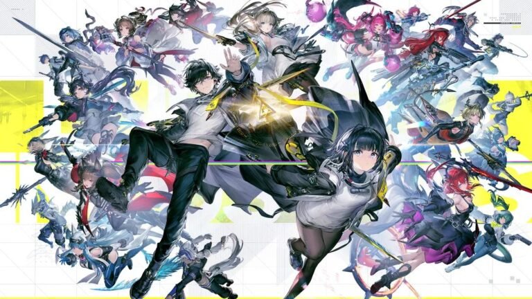 Promotional illustration for Arknights: Endfield, featuring a large cast of characters in dynamic anime-style art. At the center are the protagonist (a dark-haired male releasing golden energy) and a prominent female character with dark hair, both in white and dark-accented outfits. Surrounding them are dozens of diverse playable characters, each with unique designs, weapons, and color schemes (blue, pink, red, purple, etc.). The background is white with bold yellow geometric elements, emphasizing action and the game's sci-fi/fantasy theme.