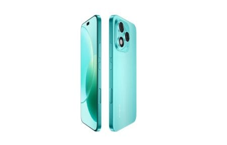A teal Honor 400 Lite smartphone is shown from two angles against a white background. The phone's design is sleek and modern, with a prominent camera array on the back.