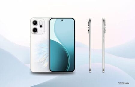 Product shot of the Oppo Reno 14 series. The image displays both the Reno 14 and Reno 14 Pro smartphones from multiple angles, highlighting their slim bezels, triple rear cameras, and metallic design. The phones are shown in a light-colored variant against a soft, light blue background.