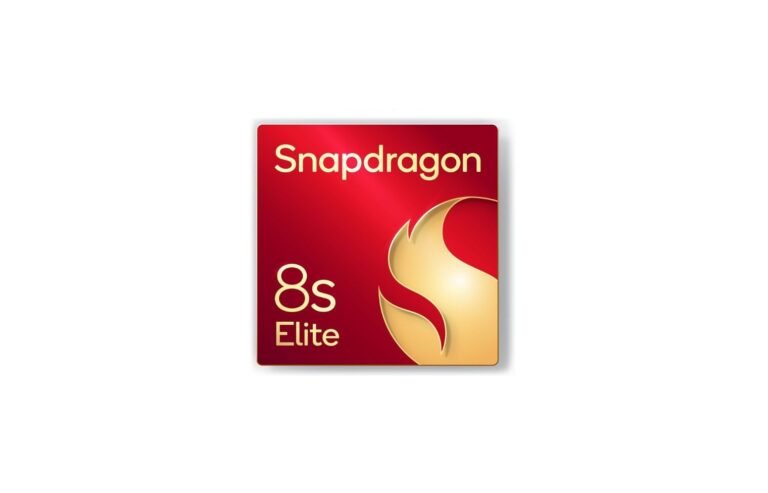 Snapdragon 8s Elite architecture logo: A square red emblem with gold lettering, 'Snapdragon' at the top, '8s' centrally, and 'Elite' below. A stylized gold flame-like 'S' is positioned to the right. ‎