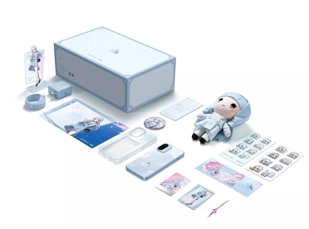A collector's set of the OnePlus Ace 6T Genshin Impact Kamisato Ayaka Edition, including a special edition phone, themed accessories, and a Kamisato Ayaka doll.