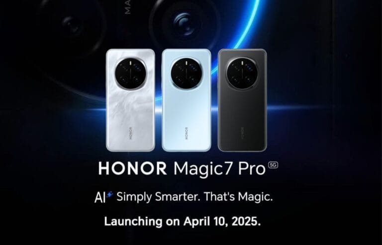 Three Honor Magic 7 Pro phones displayed against a dark background. The phones are shown from the back, showcasing their circular camera array. The color options are a pearly white, light blue, and black. The text 'HONOR Magic7 Pro 5G', 'AI Simply Smarter. That's Magic.', and 'Launching on April 10, 2025' is also visible.