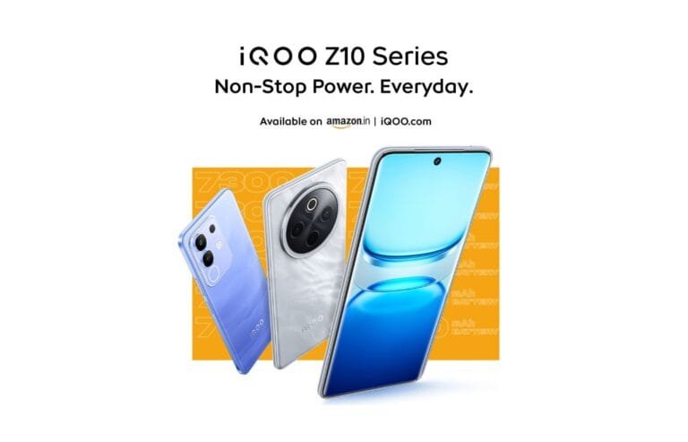 Three iQOO Z10 series phones displayed against a yellow background. The phones showcase a modern design and emphasize their long-lasting battery life. The text indicates availability on Amazon India and iQOO.com.