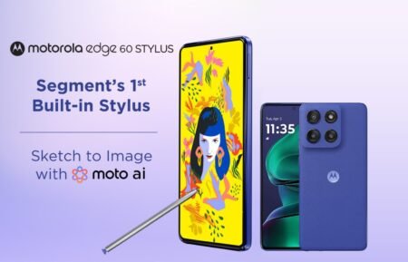 Motorola Edge 60 Stylus Debuts in India at ₹22,999 A promotional image for the Motorola Edge 60 Stylus smartphone. The image shows the phone in two colors, highlighting its built-in stylus and the "Sketch to Image with moto ai" feature.