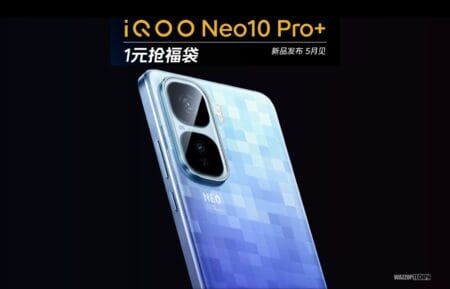 A promotional image shows the iQOO Neo10 Pro+ smartphone. The phone features a light blue and purple gradient back panel with a subtle checkered or pixelated texture. The camera module is prominently displayed. Text overlays indicate a price of 1 Yuan and a May release date.