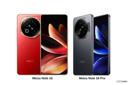 Meizu Note 16 and Meizu Note 16 Pro Launched in China Side-by-side product shots of the Meizu Note 16 and Meizu Note 16 Pro smartphones. The Note 16 features a red back and gold camera ring, while the Note 16 Pro has a dark gray back and a more integrated camera design. Both phones showcase curved screen edges.