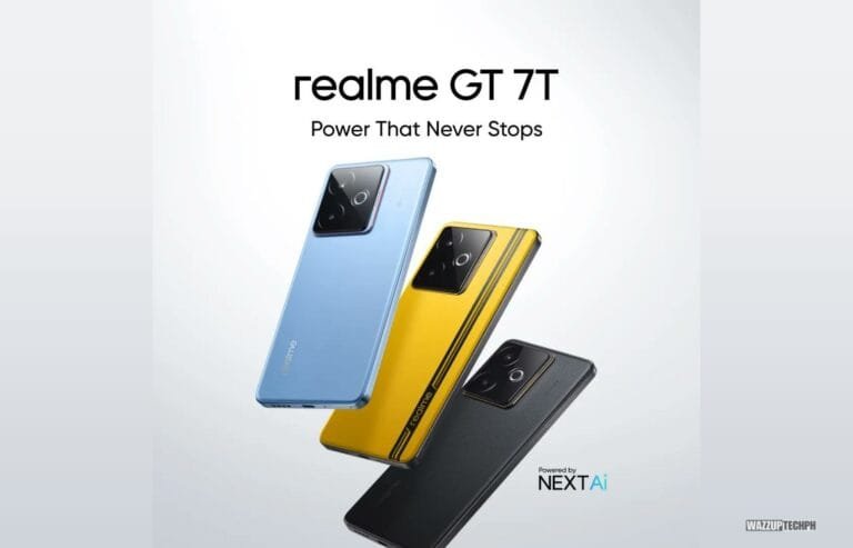 Three Realme GT 7T smartphones shown in a promotional image. The phones are displayed in blue, yellow, and black, showcasing their sleek design and camera modules. The text "Realme GT 7T" and "Power That Never Stops" are prominent.