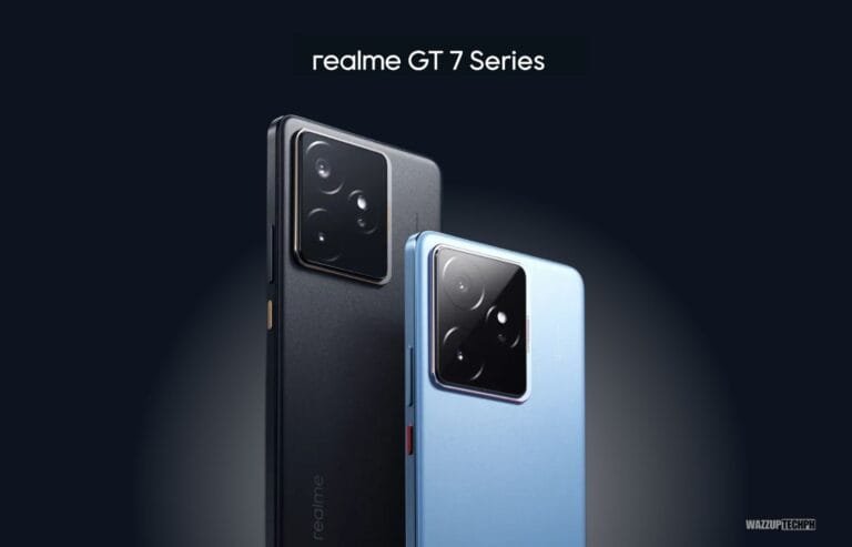 Close-up product shot of the realme GT 7 Series. Two smartphones are shown: one in black and one in light blue. Both phones have a prominent square camera housing on the back, containing multiple lenses. The realme logo is visible on the black phone. The background is a dark blue/black.