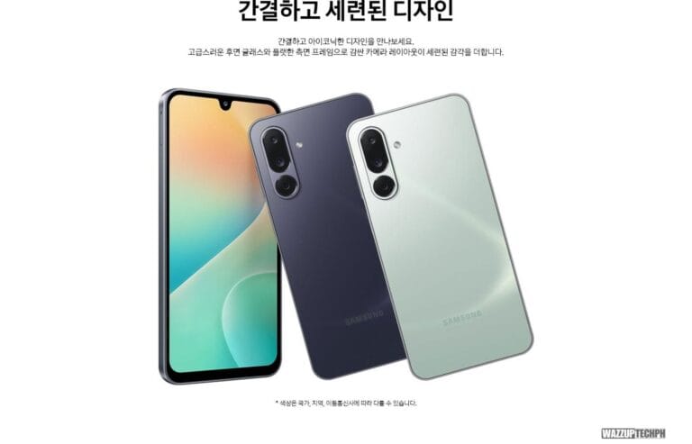 Product shot of the Samsung Galaxy Jump 4 business edition smartphone. Two phones are shown, one in a dark gray and one in a light mint green. The phones are angled to display the back, highlighting the triple camera system and the Samsung logo. The background is white with Korean text.