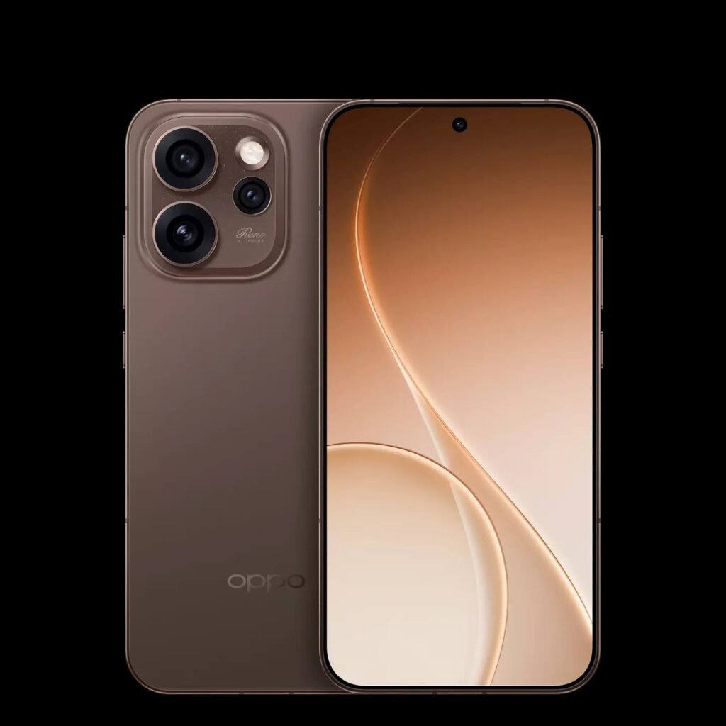 Oppo Reno 15 Pro Close-up of the brown Oppo Reno 15 Pro, highlighting its triple-camera setup and sleek design.