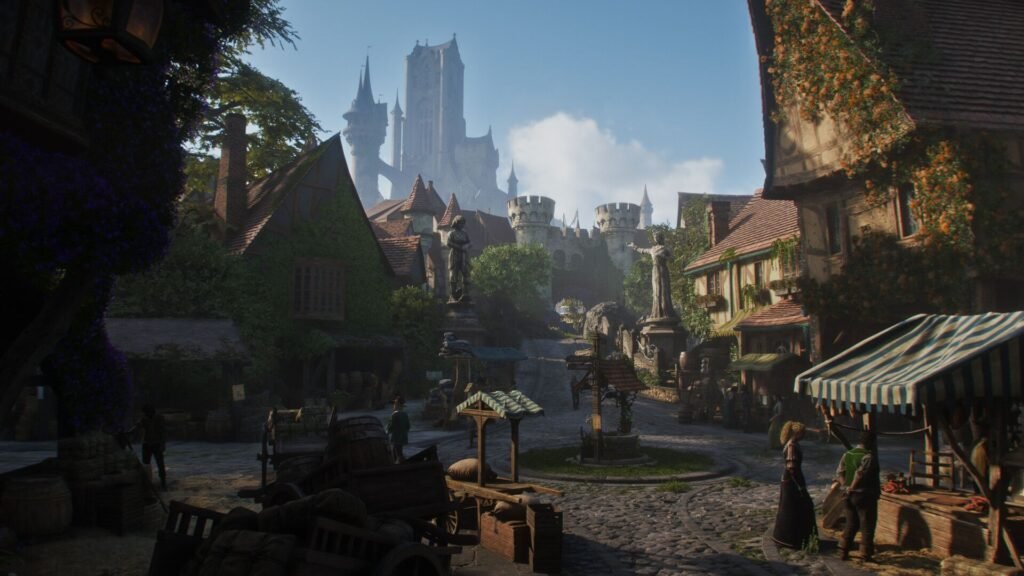 A vibrant medieval town scene from a fantasy fable game—cobblestone streets wind past timber-framed buildings draped in ivy and flowers, with market stalls, statues, and townsfolk bringing life to the square. In the distance, a towering, spired castle rises against a bright blue sky, hinting at epic tales of royalty and adventure waiting within the realm.