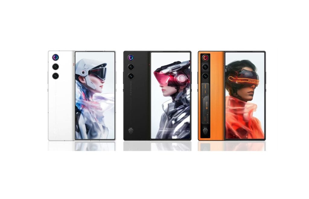 Nubia Redmagic 10 Air Unveiled: Snapdragon 8 Gen 3, Under-Display Camera, and 6,000mAh Battery 1 Three views of the Nubia Redmagic 10 Air smartphone showcasing its sleek design in white, black, and a textured orange. Each phone displays a futuristic-themed image on the screen.