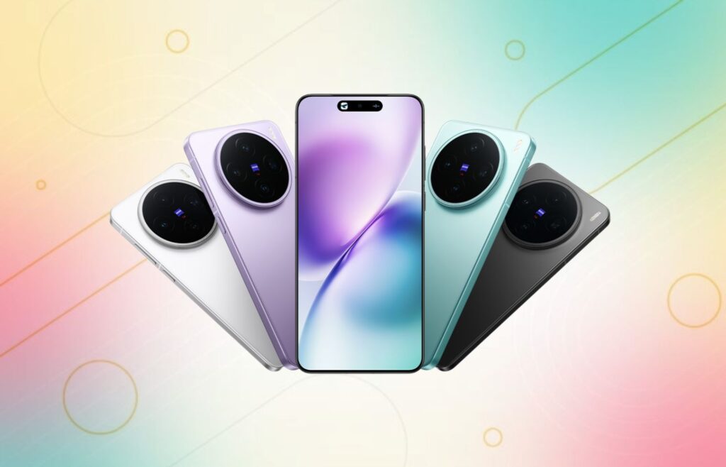 Vivo X200s 5G Launched in China: Triple 50MP Zeiss Camera, MediaTek Dimensity 9400+, and 6200mAh Battery 1 A product image showcasing the Vivo X200s 5G in four different colors: white, purple, blue, and black. The phones are arranged in a fan shape, with the blue phone in the center and the other three phones arranged around it. The phones are all in focus, and the background is blurred. The image is well-lit, and the phones are easy to see.