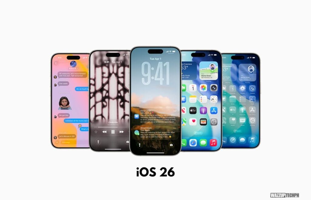 List of iPhone Devices that Compatible for iOS 26 1 A promotional image showcasing five different iPhone models, each displaying various aspects of the updated iOS 26 interface, including a new lock screen, widgets, and app icons.