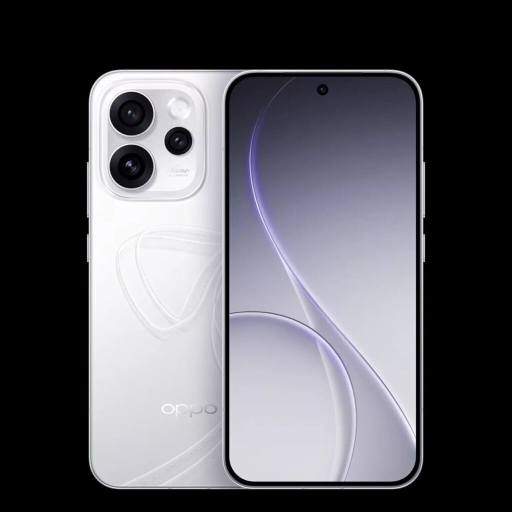 Close-up of the white Oppo Reno 15, showcasing its triple-lens camera and sleek design.