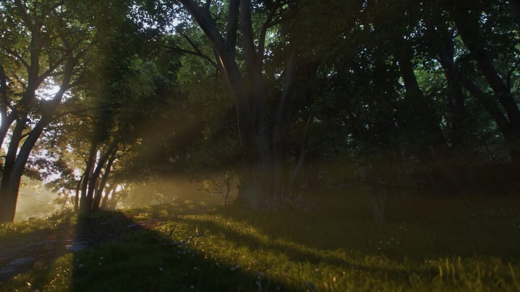 A serene yet mystical forest scene from a fantasy fable game—golden morning sunbeams pierce through tall trees, illuminating a misty cobblestone path winding through lush grass. The dappled light and hazy air hint at hidden wonders or ancient tales waiting to unfold in the woods.