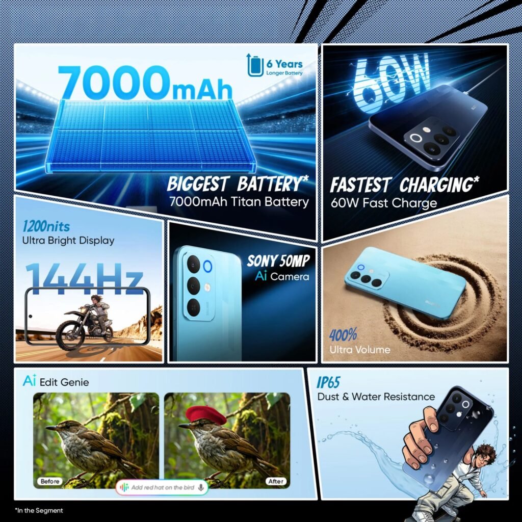 Realme Narzo 90x 5G promo collage. Features shown: 7000mAh battery, 60W charging, 144Hz/1200nits display, 50MP camera, 400% volume, IP65 resistance, and AI editing.