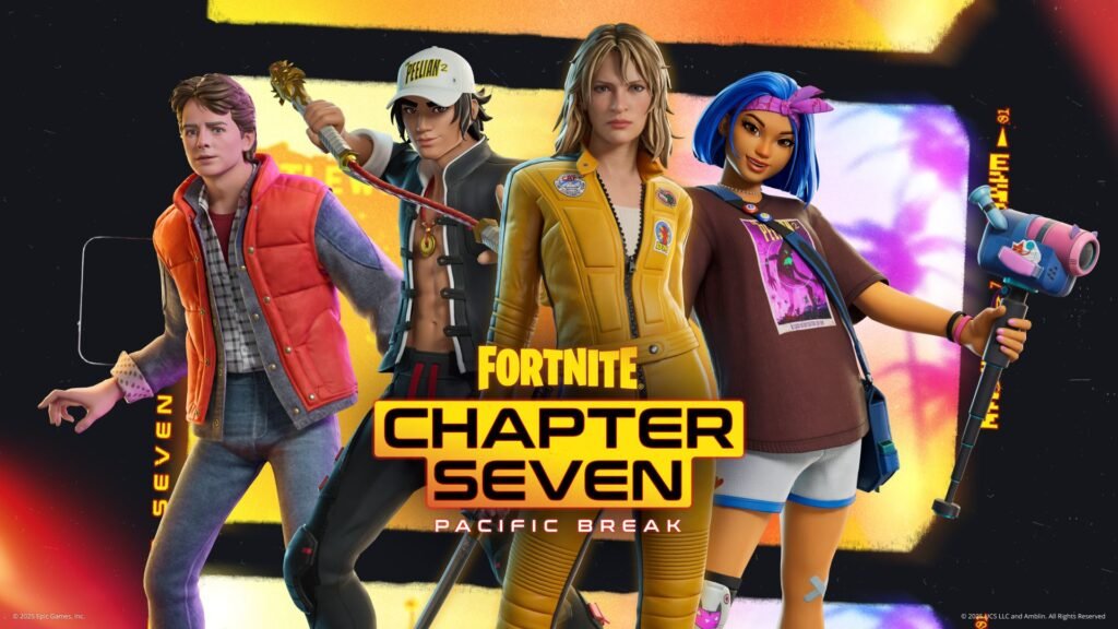 Fortnite Chapter 7 Pacific Break key art showcasing Marty McFly from Back to the Future, Beatrix Kiddo from Kill Bill, and two original Fortnite characters against a black background with the Fortnite Chapter Seven logo.