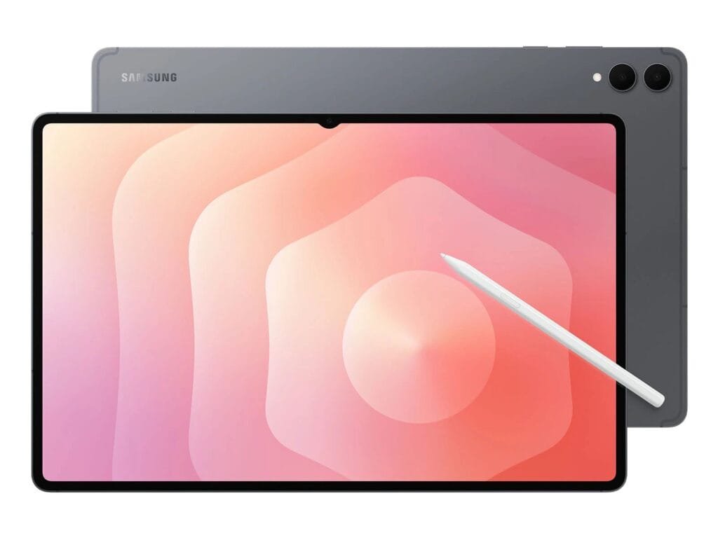 Samsung Galaxy Tab S11 Ultra and Galaxy Tab S11 Launched Globally 2 A front and back view of the Samsung Galaxy Tab S11 Ultra, featuring a stylus pen on the screen and a dual-camera setup on the back. The screen displays a colorful, abstract pattern.