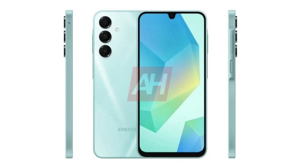 a smartphone samsung galaxy a16 rendered design with 3 verticala alignment camera module