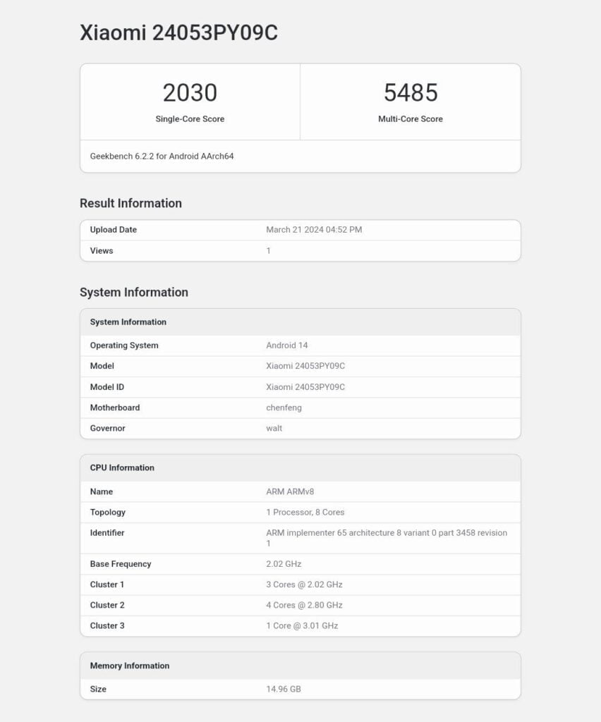 Snapdragon 8s Gen 3 Geekbench Score