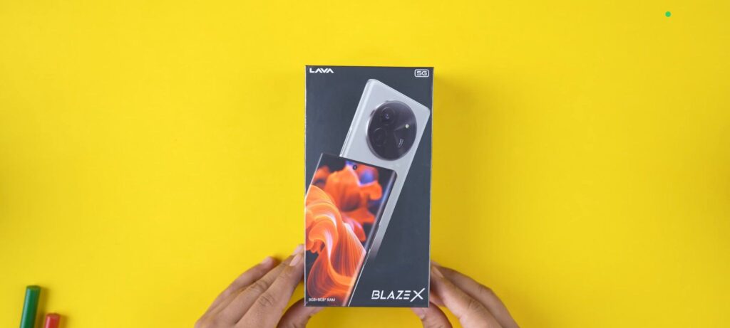 a smartphone box which is lava blaze x with vibrant box cover and color yellow bacground