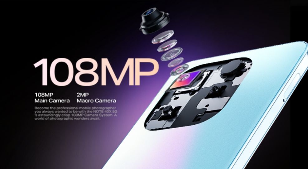 a promotional poster of smartphone infinix note 40x features 108MP camera