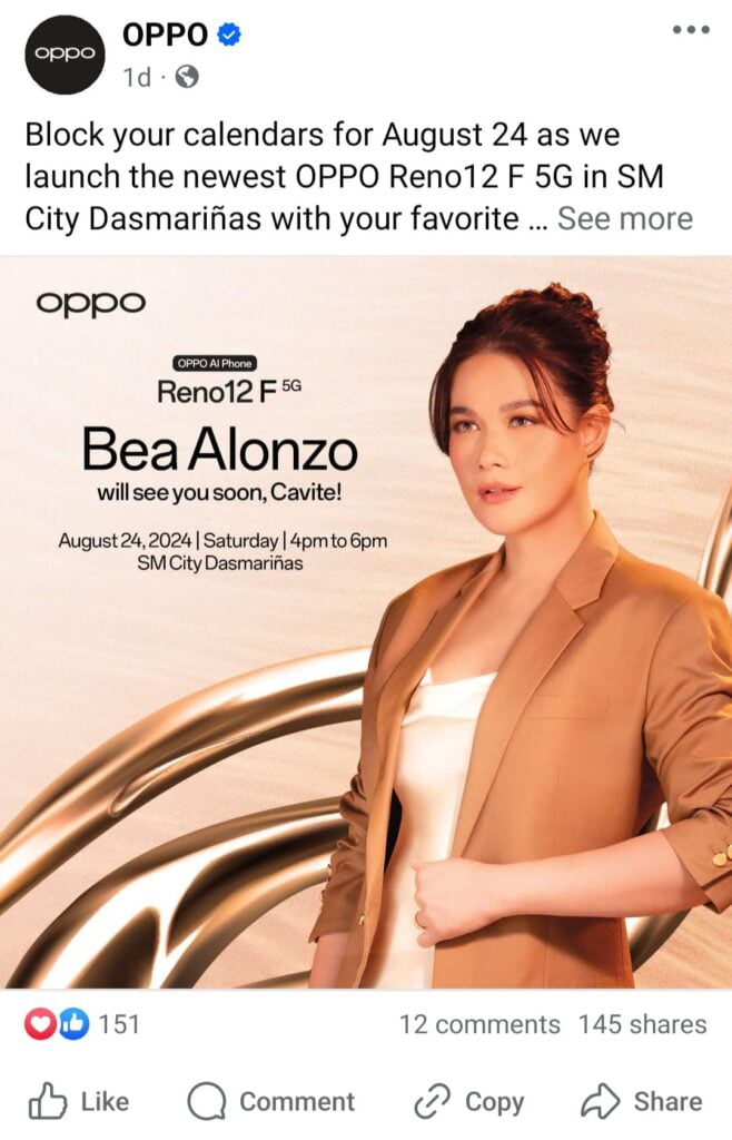 a promotional poster of oppo reno 12f 5g indicating launching event featuring bea alonso