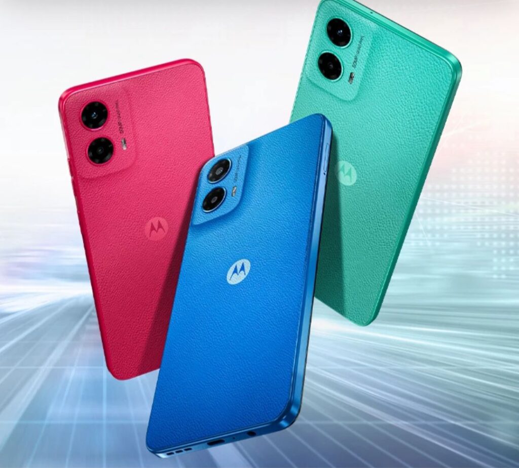 a phone motorola g45 5g with dual camera in three different colors