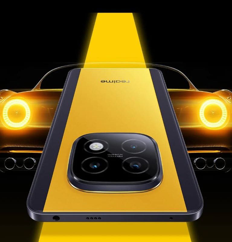 a back of the phone realme narzo 70 turbo 5g with yellow and black scheme