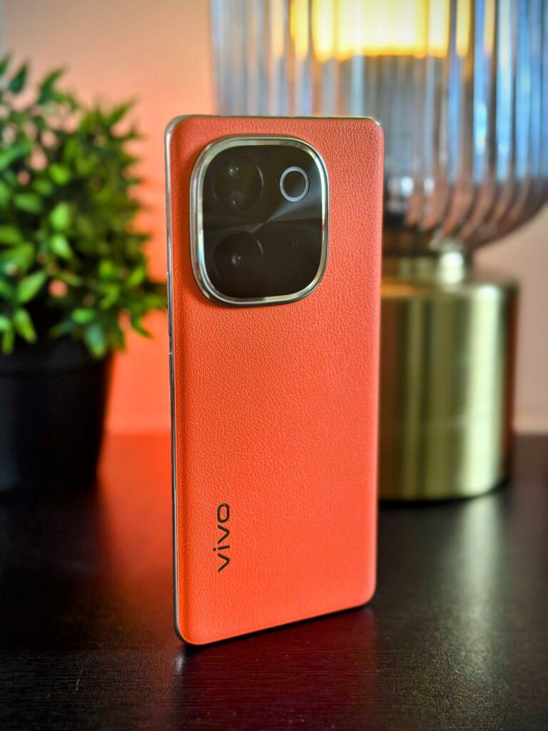 a vivo t3 pro smartphone with orange leather back panel