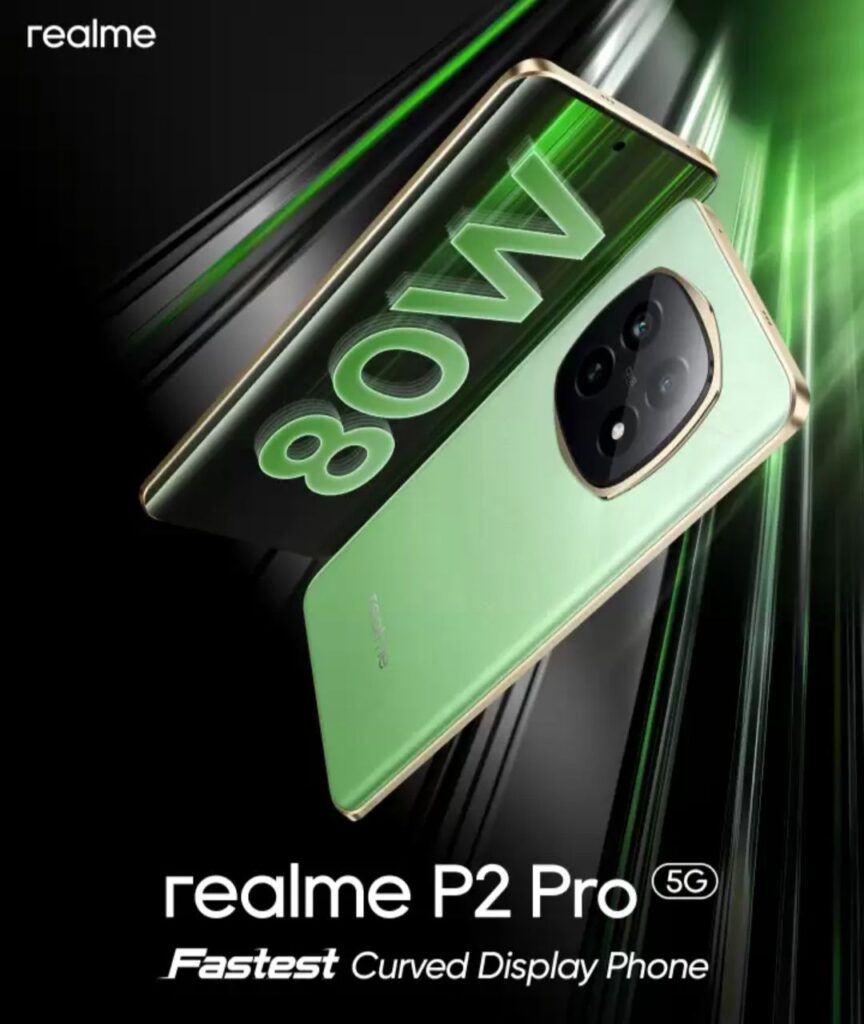 a poster of realme p2 pro 5g with rectangular curved corner camera module, the phone is a green color and indicating the the 80W fast charging