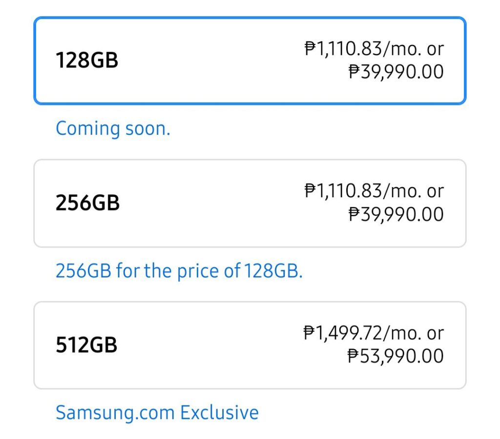 a three variant of samsung galaxy s24 fe 5g showing the prices in three storage variants