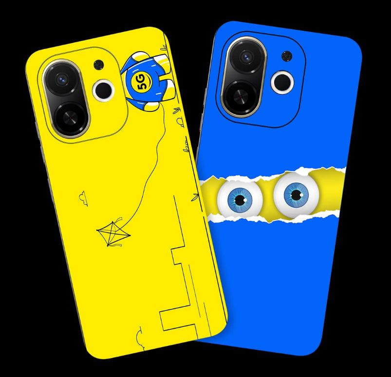 a two smartphone tecno pop 9 5g with yellow and blue color skins