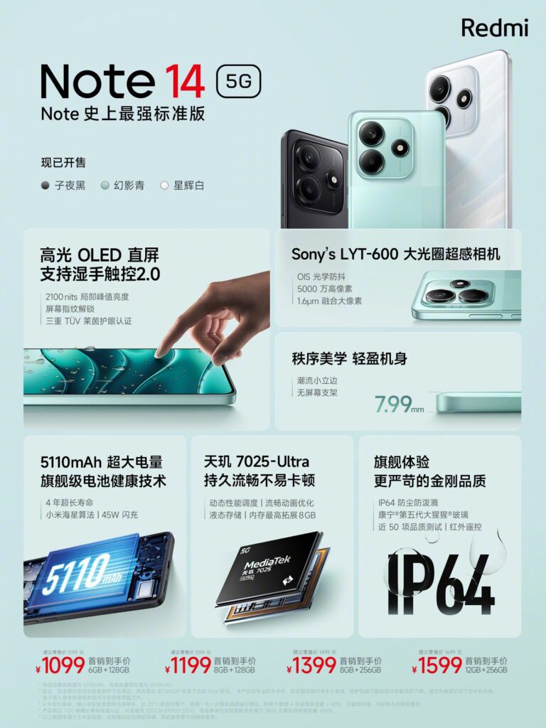 a smartphone redmi note 14 5g showing the specs and price in china.