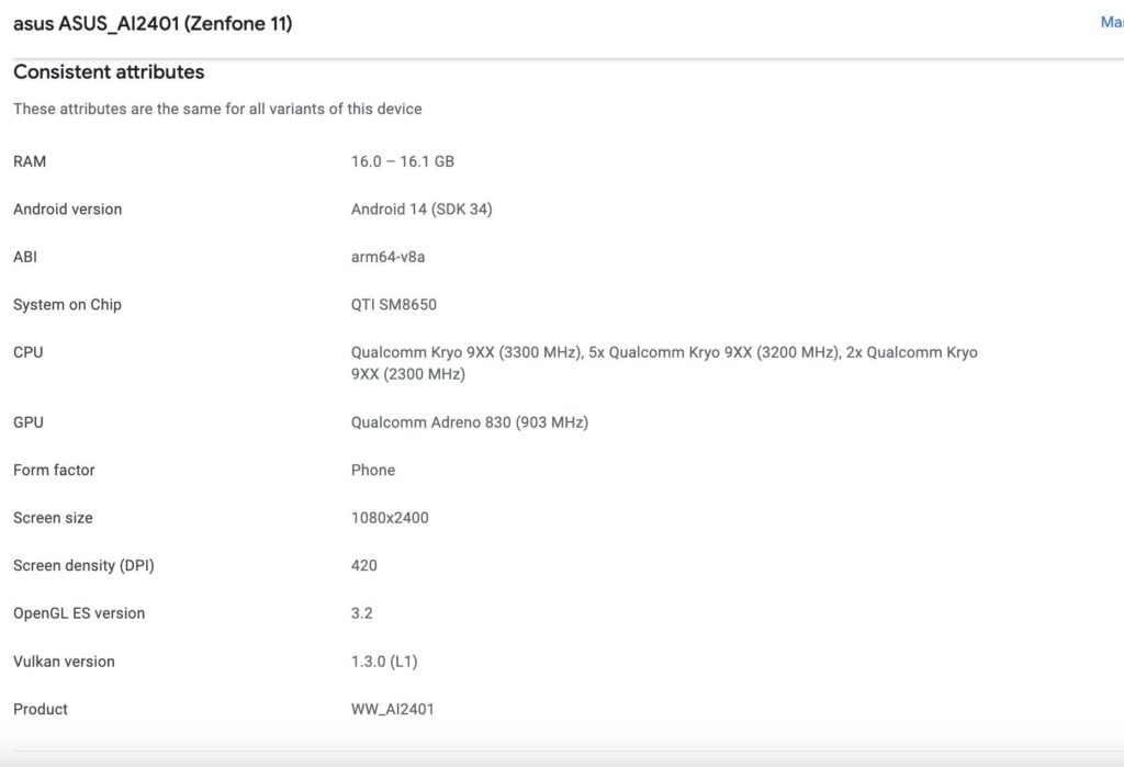 ASUS Zenfone 11 Google Play Console revealed the specs.