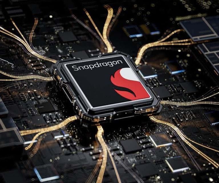 A Qualcomm Snapdragon 8 Gen 4 processor chip mounted on a circuit board with metallic traces radiating outward, symbolizing high-speed connectivity and advanced technology.