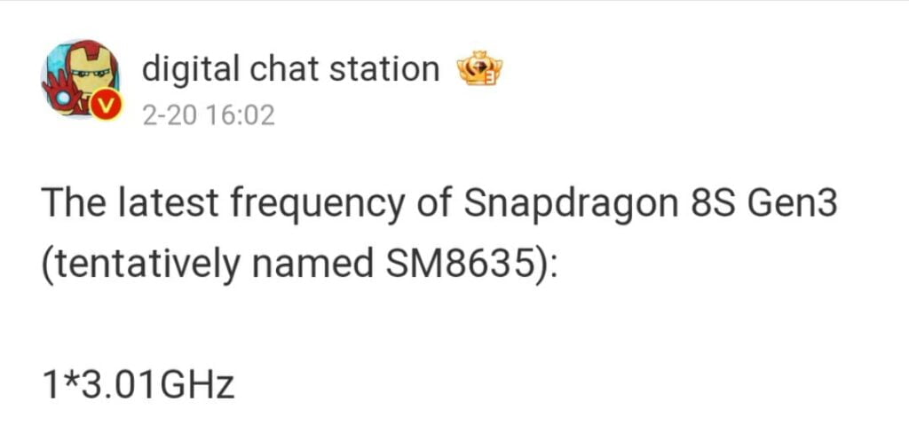 a latest post from digital station about snapdragon 8s gen 3