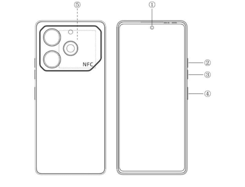 A black and white line drawing of a Tecno Pova 6 Pro smartphone with a large screen, a front-facing camera, a quad rear camera, and NFC support.