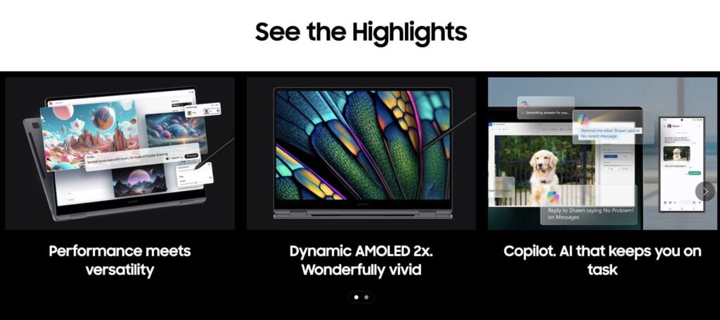 A collage of Samsung products highlighting their features such as vivid display, AI copilot, and connected experience.