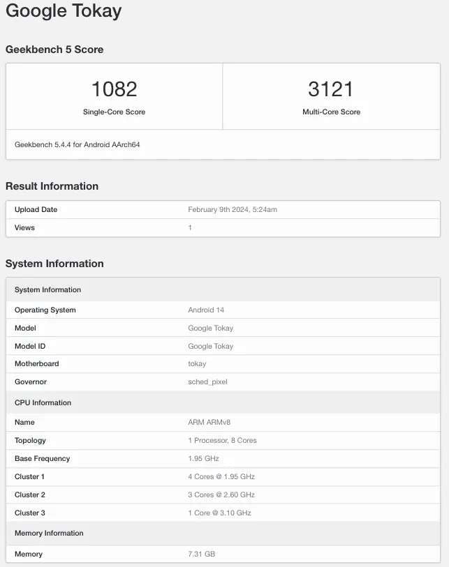 google tensor 4 with geekbench result from google tokay