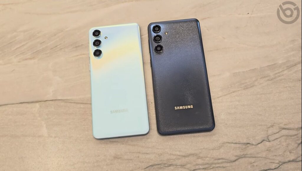 two samsung galaxy m55 in white and black color variants.