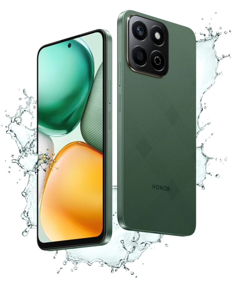 a smartphone honor x7c in green color variant, showing a punch hole camera and rectangular camera bumps with led flash..