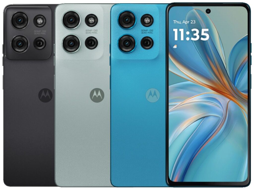 a smartphones motorola moto g 75 5g with quad cameras and punch hole camera with black, grey, and blue color variants