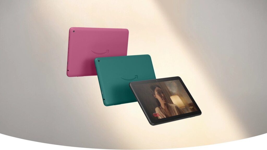 a device amazon fire hd 8 2024 tablet with pink, green, and black color variants